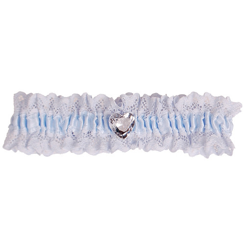 Kousenband blauw met kant en strass hartje