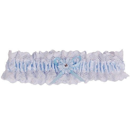 Kousenband blauw kant met bloemtje en strass