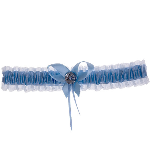 Kousenband lichtblauw met strikje en strass