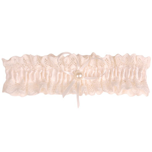 Kousenband grote maat - ivoor kant met strikje en pareltje