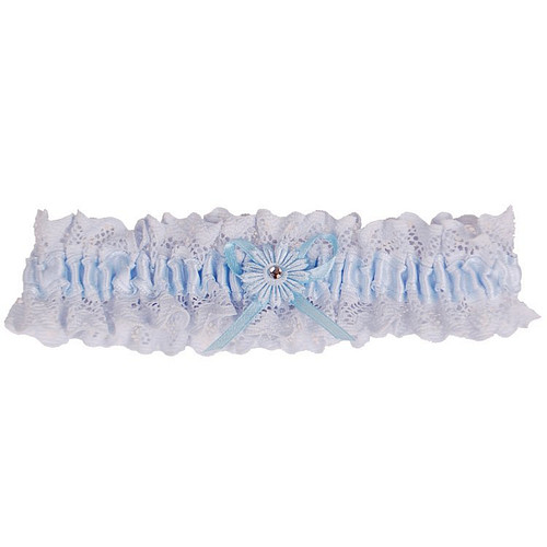 Kousenband grote maat - blauw kant met bloemtje en strass