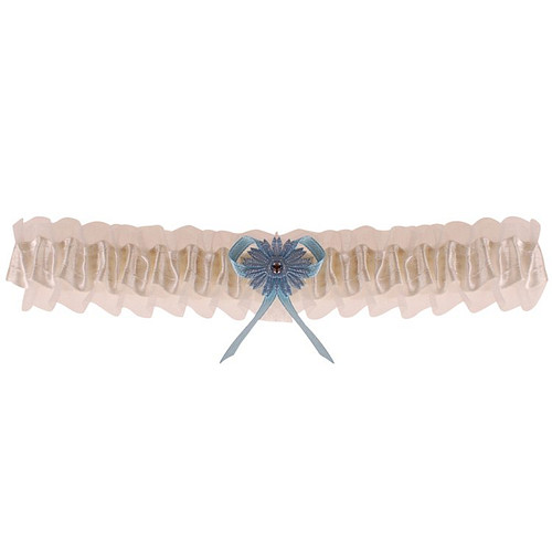 Kousenband grote maat - ivoor met blauw bloemetje en strass