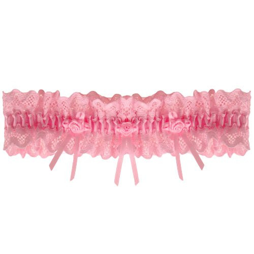 Roze kousenband met kant en 3 roze roosjes