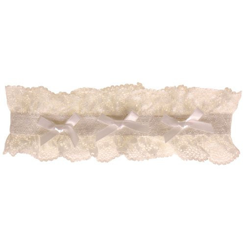Kanten ivoren kousenband met 3 strikjes