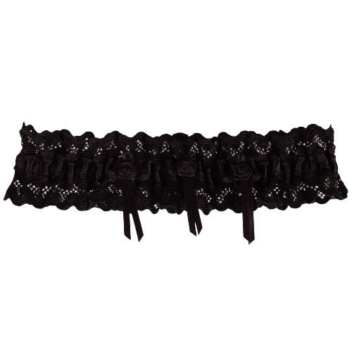 Zwarte kousenband met kant en 3 roosjes