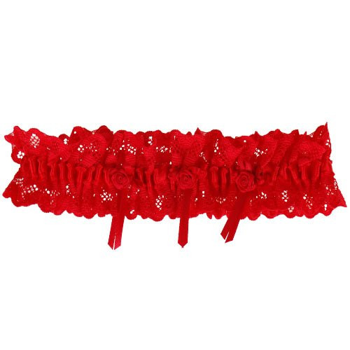 Rode kousenband met kant en 3 roosjes