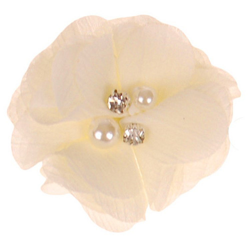 Haarklemmetje Ivoorkleurige Chiffonbloem met Pareltjes en Strass - 5,5cm