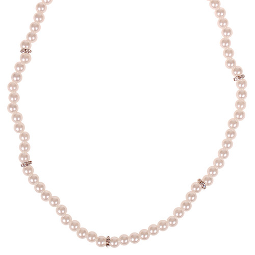 Kinderketting - Ivoorkleurige Imitatiepareltjes 6mm - Zilverkleurige Spacers met Strass - Elastisch