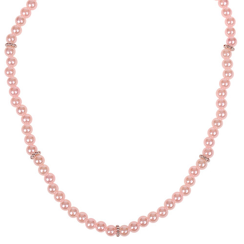 Kinderketting - Lichtroze Imitatiepareltjes 6mm - Zilverkleurige Spacers - Elastisch