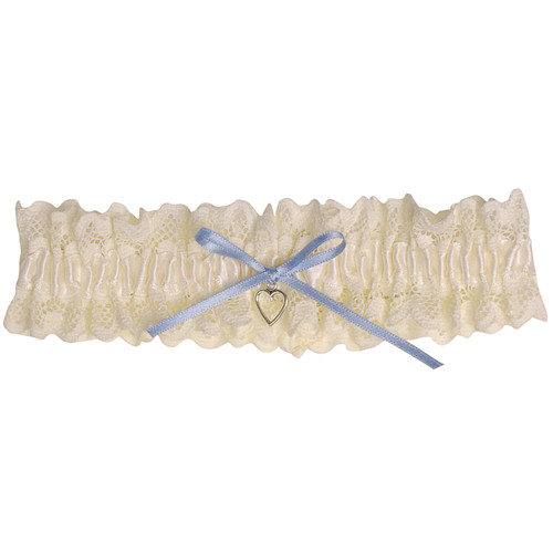 Kousenband Ivoorkleurig Broderie - blauw strikje en zilverkleurig hartje