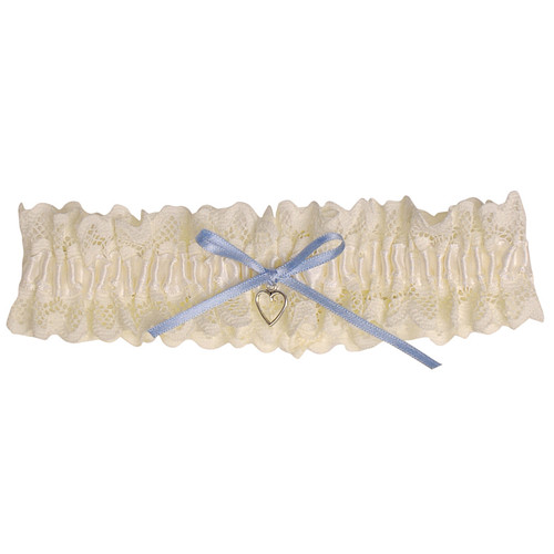 Grote maat Kousenband Ivoorkleurig Broderie - blauw strikje en zilverkleurig hartje