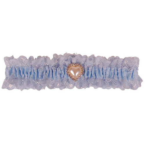 Blauwe Kousenband Bruid met Kant - Pareltje Hartvorm 2cm met Strass