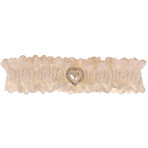 Ivoorkleurige Kousenband Bruid met Kant - Pareltje Hartvorm 2cm met Strass