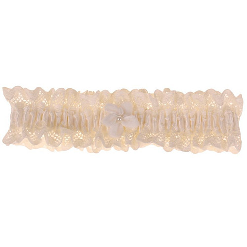 Ivoorkleurige Kousenband met Kant en Bloemetje van Fluweellint en Pareltje