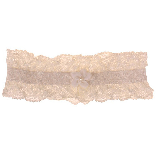 Kousenband Bruid Ivoorkleurig Broderie met Bloemetje van Fluweellint en Pareltje