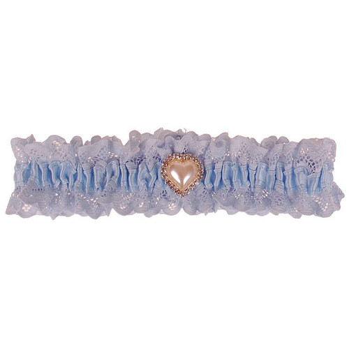 Grote Maat Blauwe Kousenband Bruid met Kant - Pareltje Hartvorm 2cm met Strass