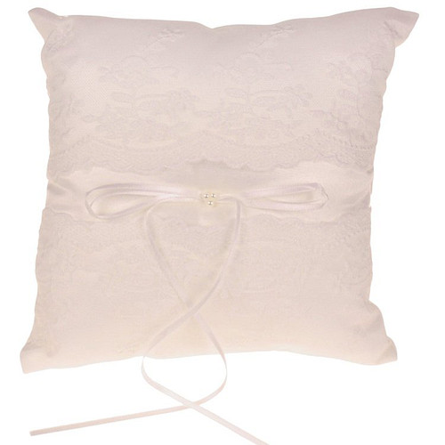 Ringkussen Bruiloft Ivoorkleurig/Offwhite met Organza, Broderie, Lintjes en Pareltjes - 20x20cm