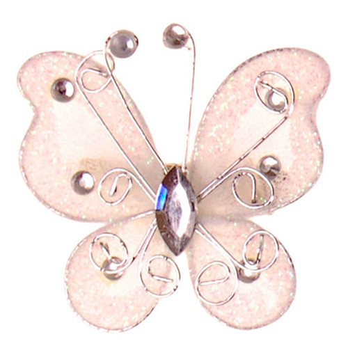 Haarklemmetje Ivoorkleurige Organza Vlinder met Steentjes en Glitters - 6x5cm
