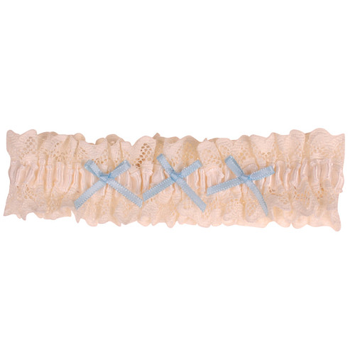 Kousenband Grote Maat - Bruiloft Ivoorkleurig met Broderie & Lichtblauwe Strikjes - 45cm Elastisch