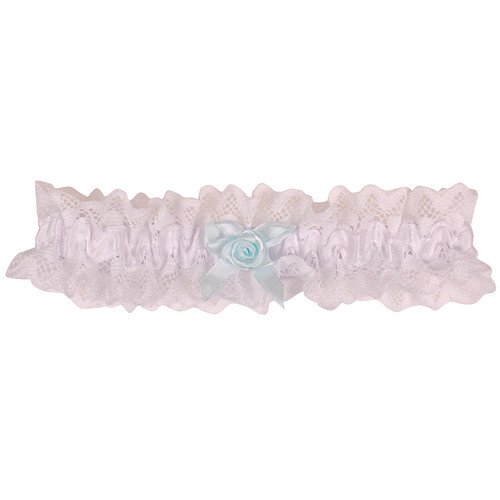 Kousenband Grote Maat - Wit met Broderie & Lichtblauw Strikje met Roosje - 45cm Elastisch