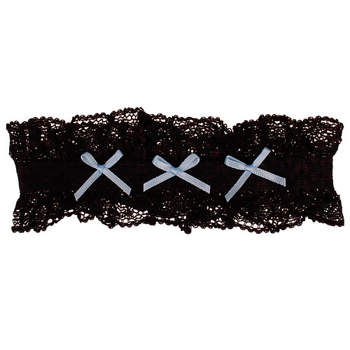Kousenband Zwart met Kant & Lichtblauwe Strikjes - 33cm Elastisch