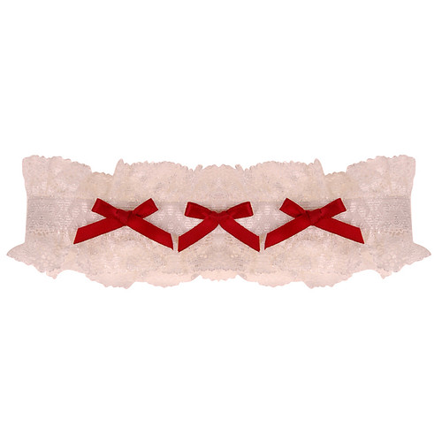 Kousenband Ivoorkleurig met Kant & Bordeauxrode Strikjes - 33cm Elastisch