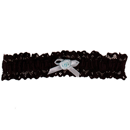 Kousenband Grote Maat - Zwart met Broderie & Lichtblauw Strikje met Roosje - 45cm Elastisch