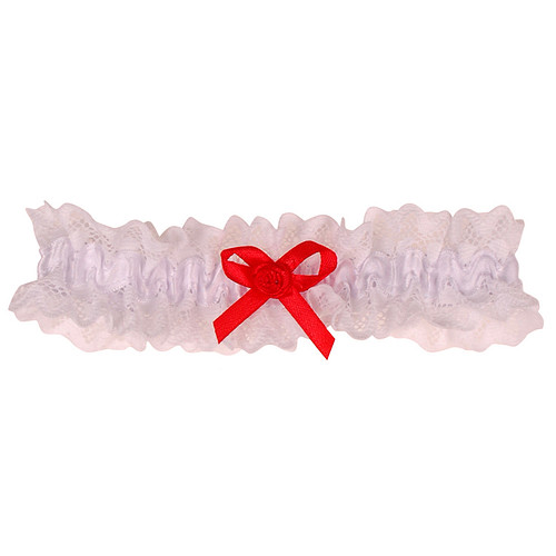 Kousenband Grote Maat - Wit met Broderie & Rood Strikje met Roosje - 45cm Elastisch