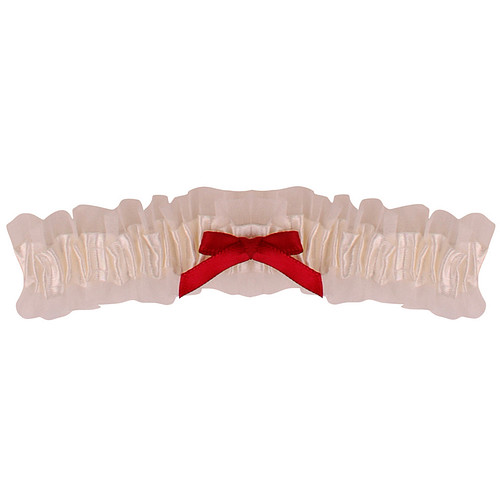 Kousenband Grote Maat - Ivoorkleurig met Organza & Bordeauxrood Strikje - 45cm Elastisch