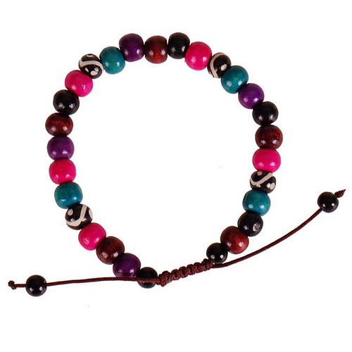 Armbandje met gekleurde houten kralen paars-roze-groen