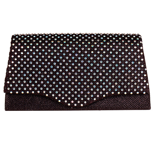 Avondtasje - Zwart Glitterstof & Multicolor Strass - Magneetsluiting - Schouderketting - 21x11cm