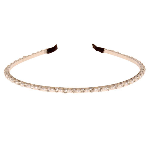 Diadeem - Strass & Ivoorkleurige Pareltjes Imitatie 3mm - Zilverkleurig Metaal - 13x15cm