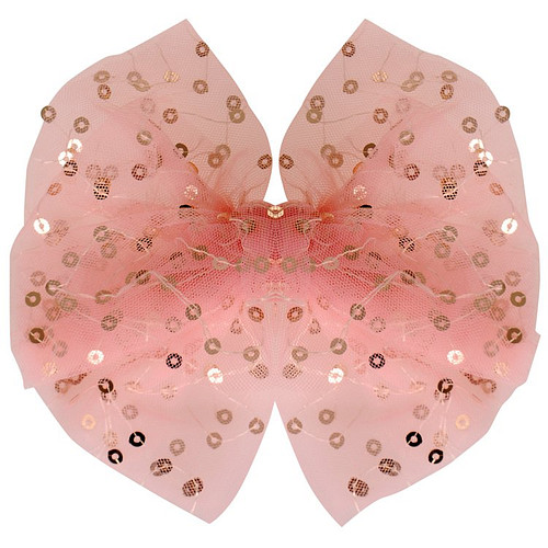 Haarclip met organza strik met zilveren pailetten lichtroze - 14 cm 