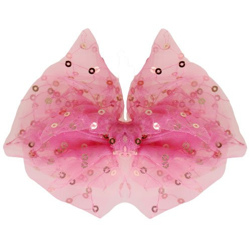 Haarclip met organza strik met zilveren pailetten donkerroze 14 cm 