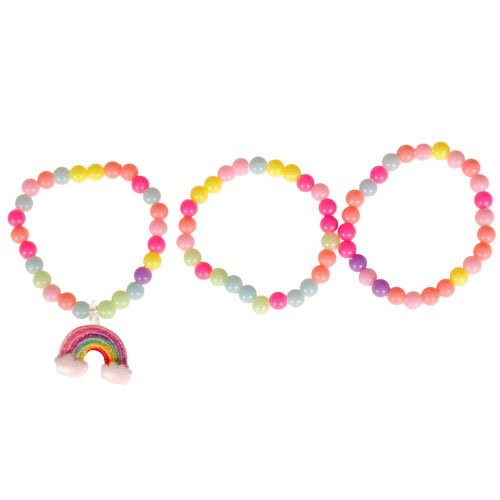 Setje van 3 kinderarmbandjes met gekleurde kraaltjes en regenboogje