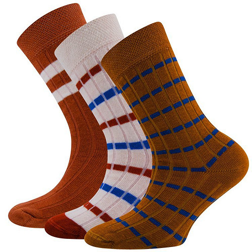 Set van 3 paar Kindersokken - Ribsokken met strepen - Oranjebruin/Blauw