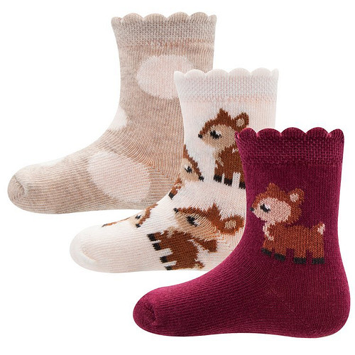 Babysokjes met Hertje - Set van 3-paar voor Meisje - Wijnrood/Beige - Ewers