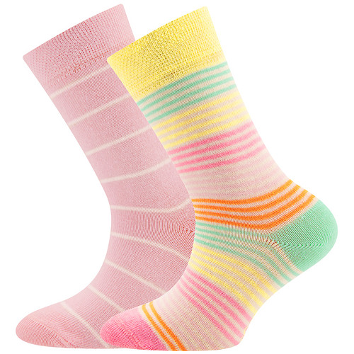 2-Pack Kindersokken Ewers - Set - Roze gestreept en Streepjes Roze/Geel/Oranje/Mintgroen