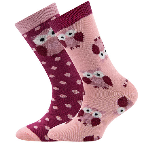 2-Pack Kindersokken Ewers Meisjes - Donkerroze met Uiltje en Roze Stippen & Roze Rand / Roze met Uiltjes & Donkerroze Rand - GOTS - Biologisch katoen
