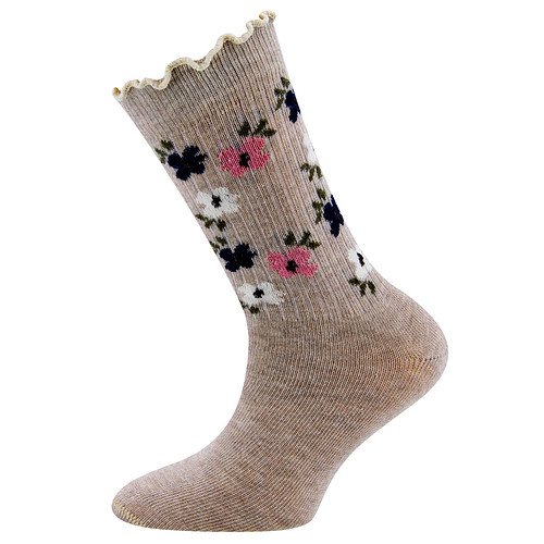 Kindersokken Ewers Meisjes - Beige-Ecru met Bloemetjes en Fijne Rib - Ruche Randje 