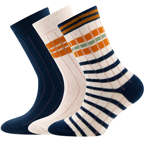 3-Pack Kindersokken Ewers met Ribpatroon - Set - Effen Donkerblauw  en Creme-Donkerblauw-Oranjebruin Strepen