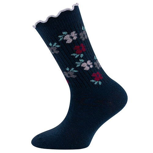Kindersokken Ewers Meisjes - Donkerblauw met Bloemetjes en Fijne Rib - Ruche Randje 