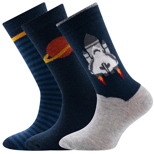 3-Pack Kindersokken Ewers Jongens - Set - Donkerblauw met Spaceshuttle & Donkerblauw met Streepjes & Donkerblauw met Saturnus/Planeet