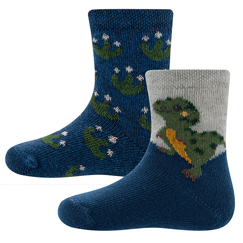 2-Pack Kindersokken Ewers Jongens - Set - Grijs & Donkerblauw met Kleine Dino & Donkerblauw met Groene Dino Voetstapjes
