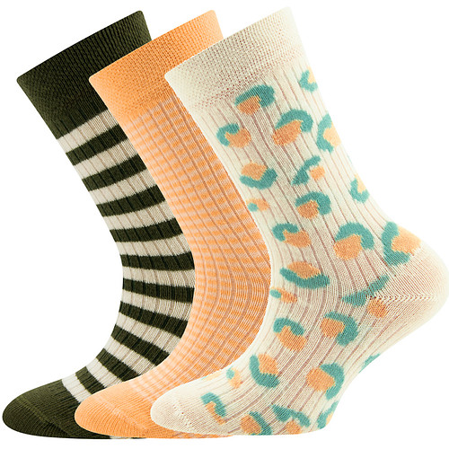 3-Pack Ewers Kindersokken Ribpatroon - Set - Perzik-Beige-Groen met Streepjes en Vlekmotief