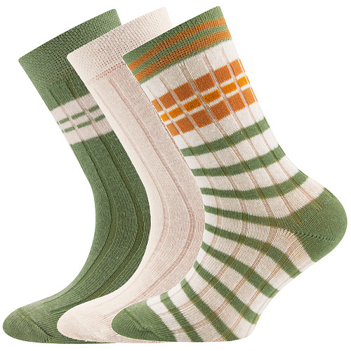 3-Pack Kindersokken Ewers met Ribpatroon - Set - Effen Creme  en Groen-Creme-Oranjebruin Strepen