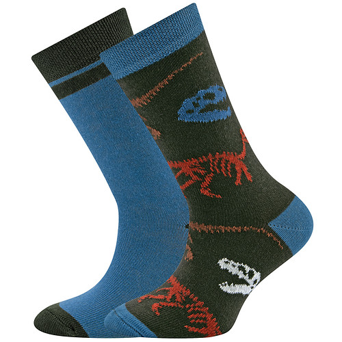 2-Pack Kindersokken Ewers Jongens - Set - Groen met Dino Skeletten Oranje/Grijs & Staalblauw met Groene Band