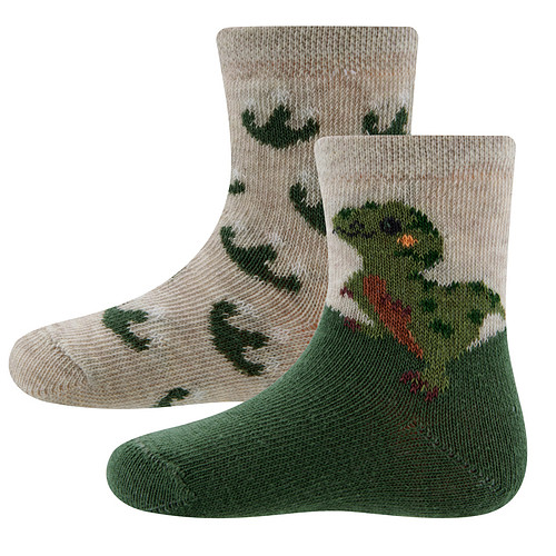 2-Pack Kindersokken Ewers Jongens - Set - Groen & Beige met Kleine Dino & Beige met Groene Dino Voetstapjes