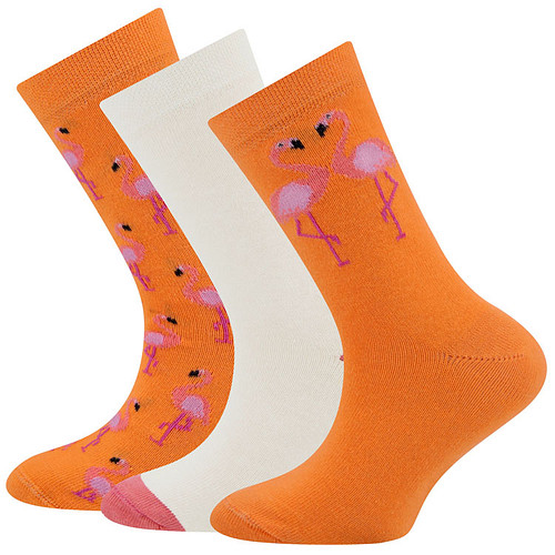 3-Pack Kindersokken Ewers - Oranje met Roze Flamingo's & Effen wit met Roze