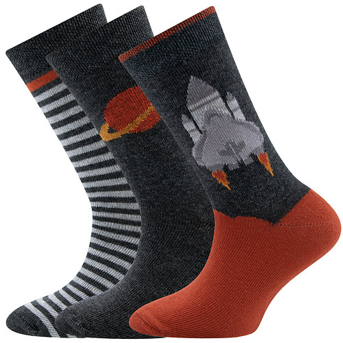 3-Pack Kindersokken Ewers Jongens - Set - Donkergrijs met Spaceshuttle & Grijze Streepjes & Donkergrijs met Saturnus/Planeet